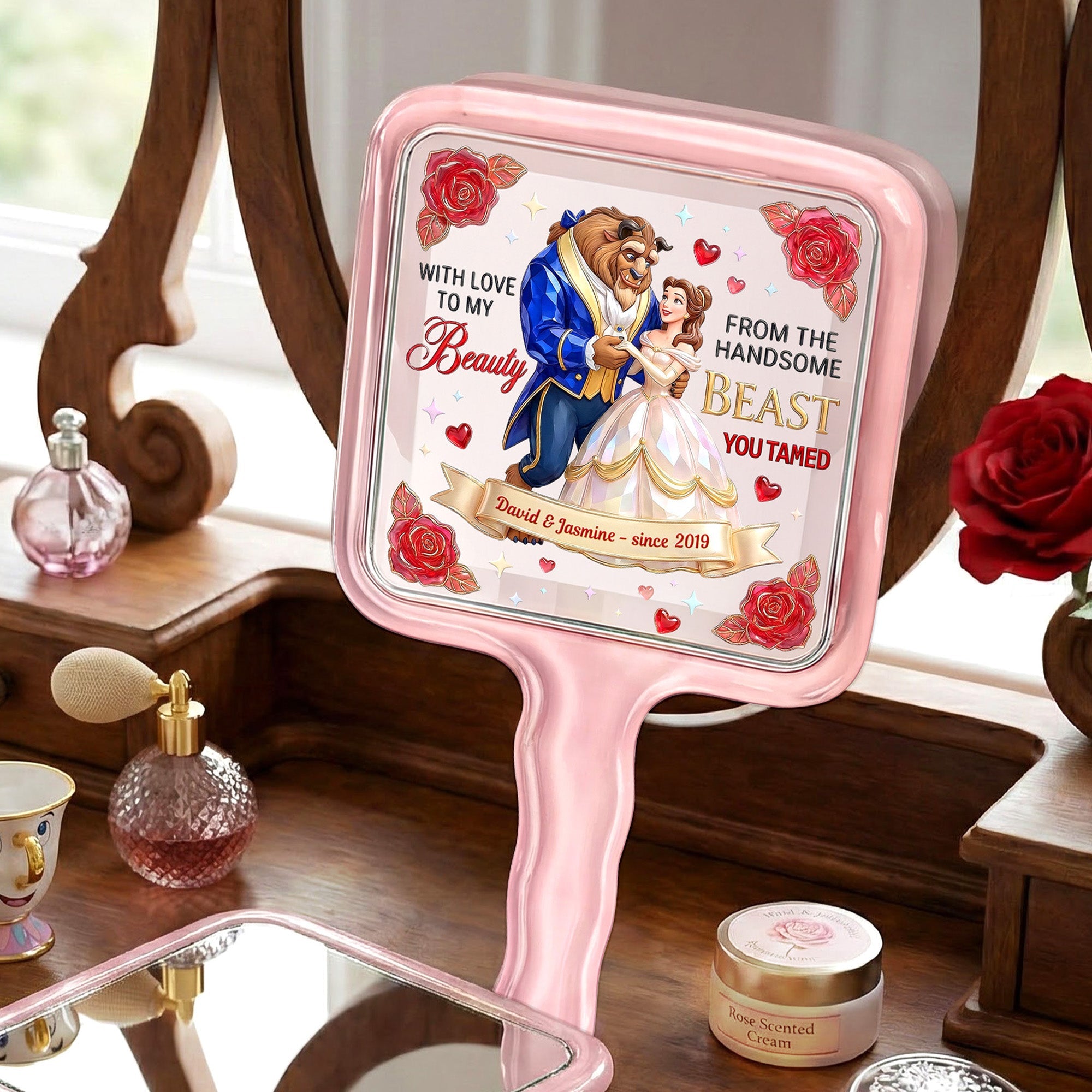 "With Love To My Beauty, From The Handsome Beast You Tamed" - Fancy Couple Handle Mirror, Personalized Gift for Her (Wife & Girlfriend) Mirror PopCulturePrints