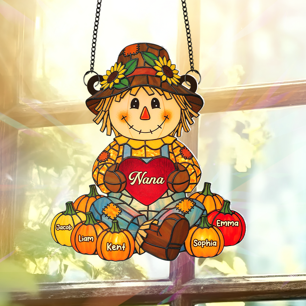 “A Grandma's Love Shines Bright” - Autumn Scarecrow Suncatcher - Personalized Gift for Grandma, Nana, Mom and Special Loved Ones Ornament PopCulturePrints