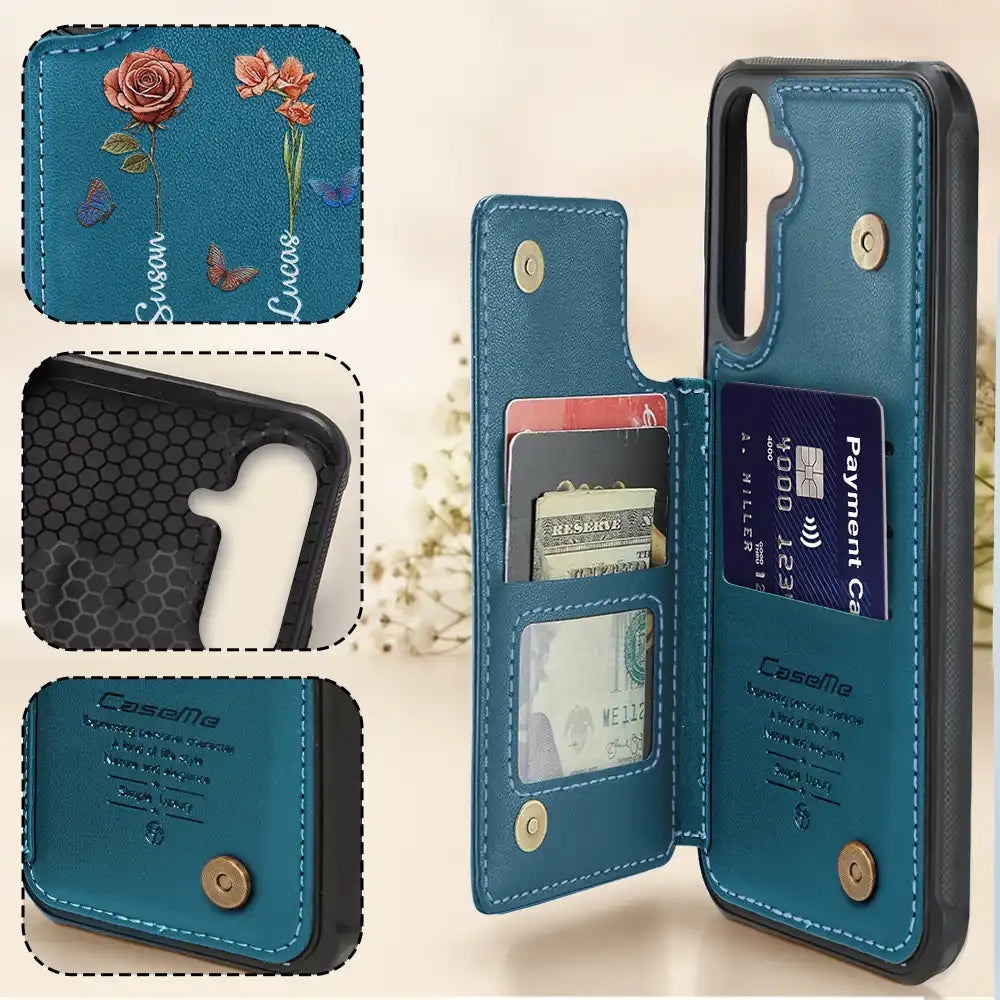 “Flowers and Family, Forever Loved” - Personalized Leather Flip Wallet Phone Case - Gift for Grandma, Mom & Loved Ones Leather Flip Wallet Phone Case PopCulturePrints