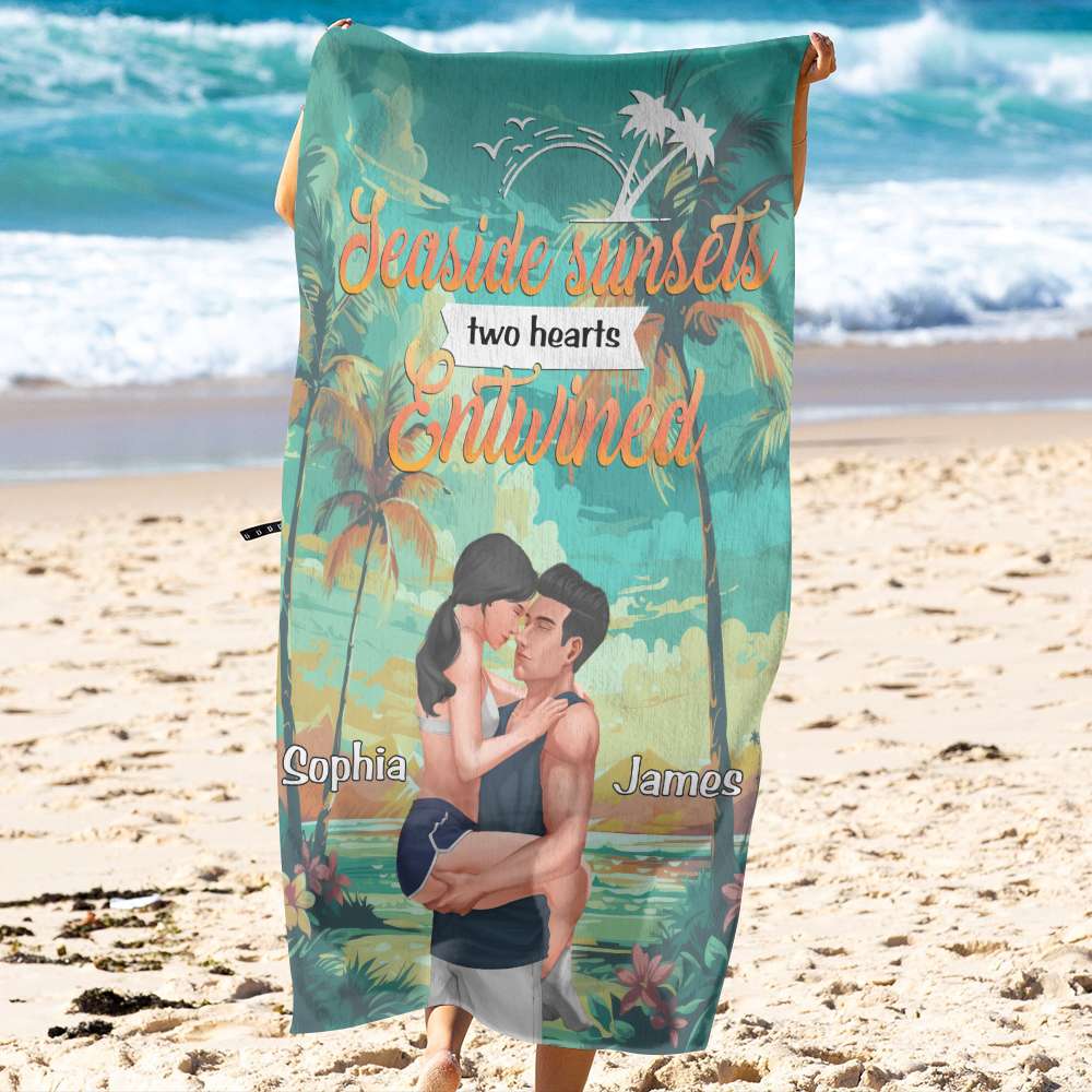 Personalized Beach Towel for Couples - Seaside Sunsets Design Beach Towel PopCulturePrints