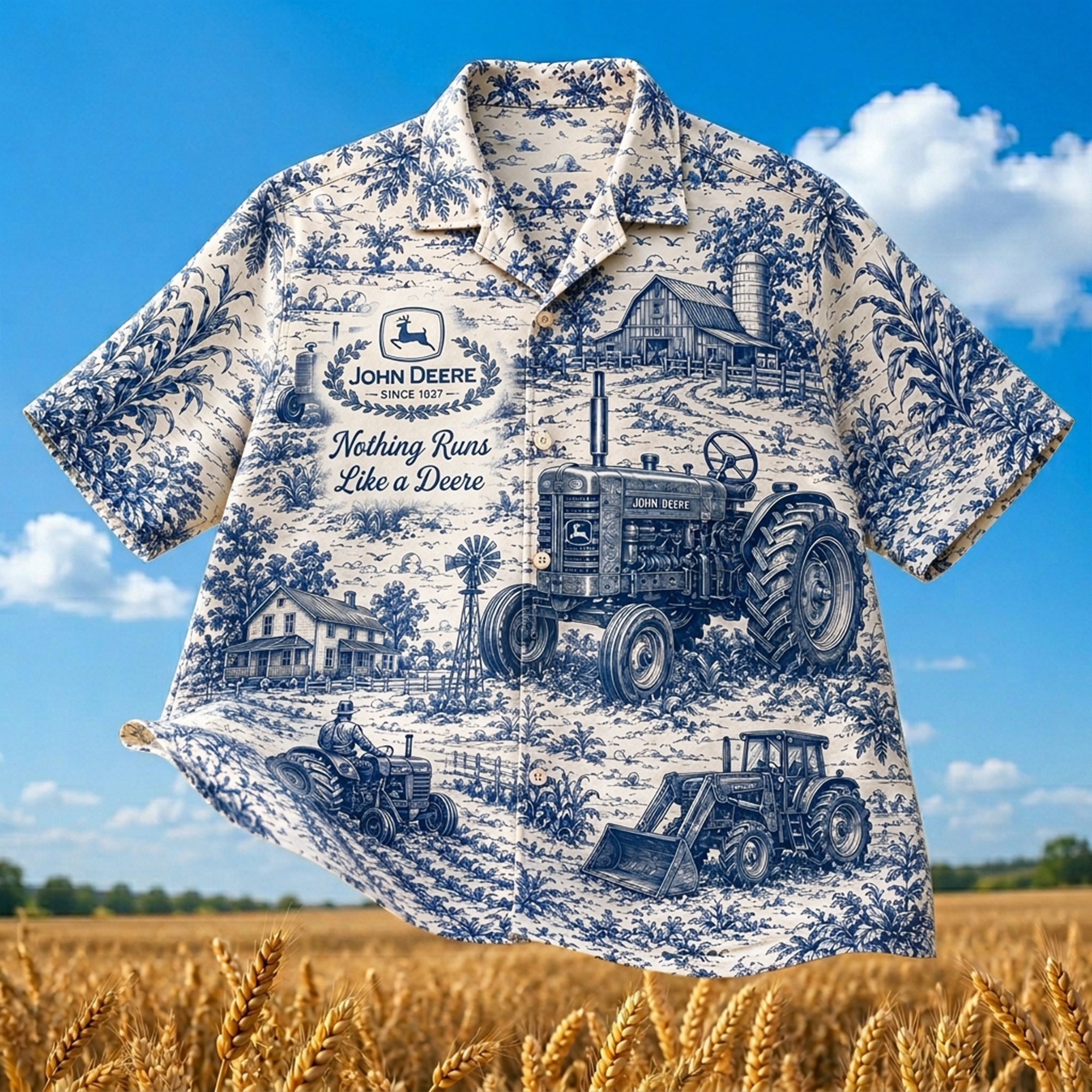 Nothing Runs Like a Deere - Farm Life Toile de Jouy Hawaiian Shirt - Personalized Gifts for Farmers