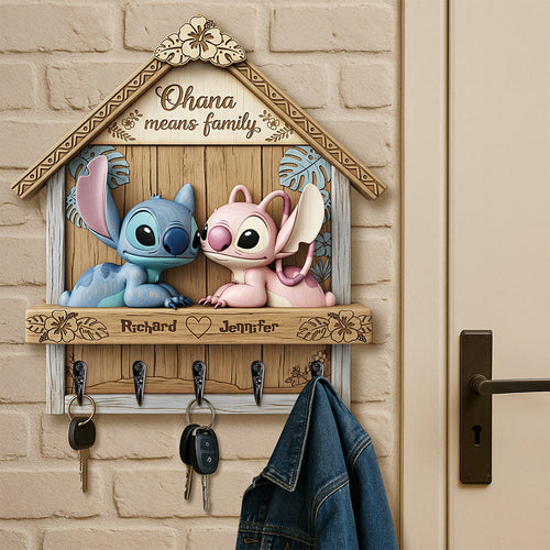 Ohana Means Family - Personalized Cartoon Couple Wood Key Hanger Wood Sign PopCulturePrints