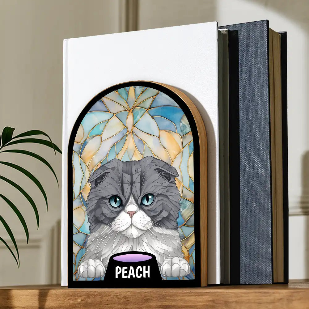 "Embrace the Pawsitive Vibes" - Personalized Stained Glass Cat & Dog Wood Book Ends - Unique Gifts for Pet Lovers Wood Book Ends PopCulturePrints