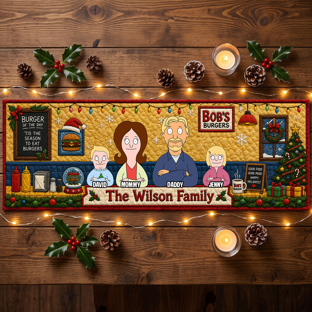 Burger of the Day - Funny Family Quilted Table Runner - Personalized Christmas Gifts