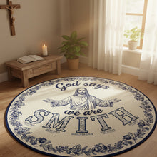 Load image into Gallery viewer, “God Says We Are Family” - Custom Alphabet Letters Round Mat - Personalized Gift for Christian Families Doormat PopCulturePrints
