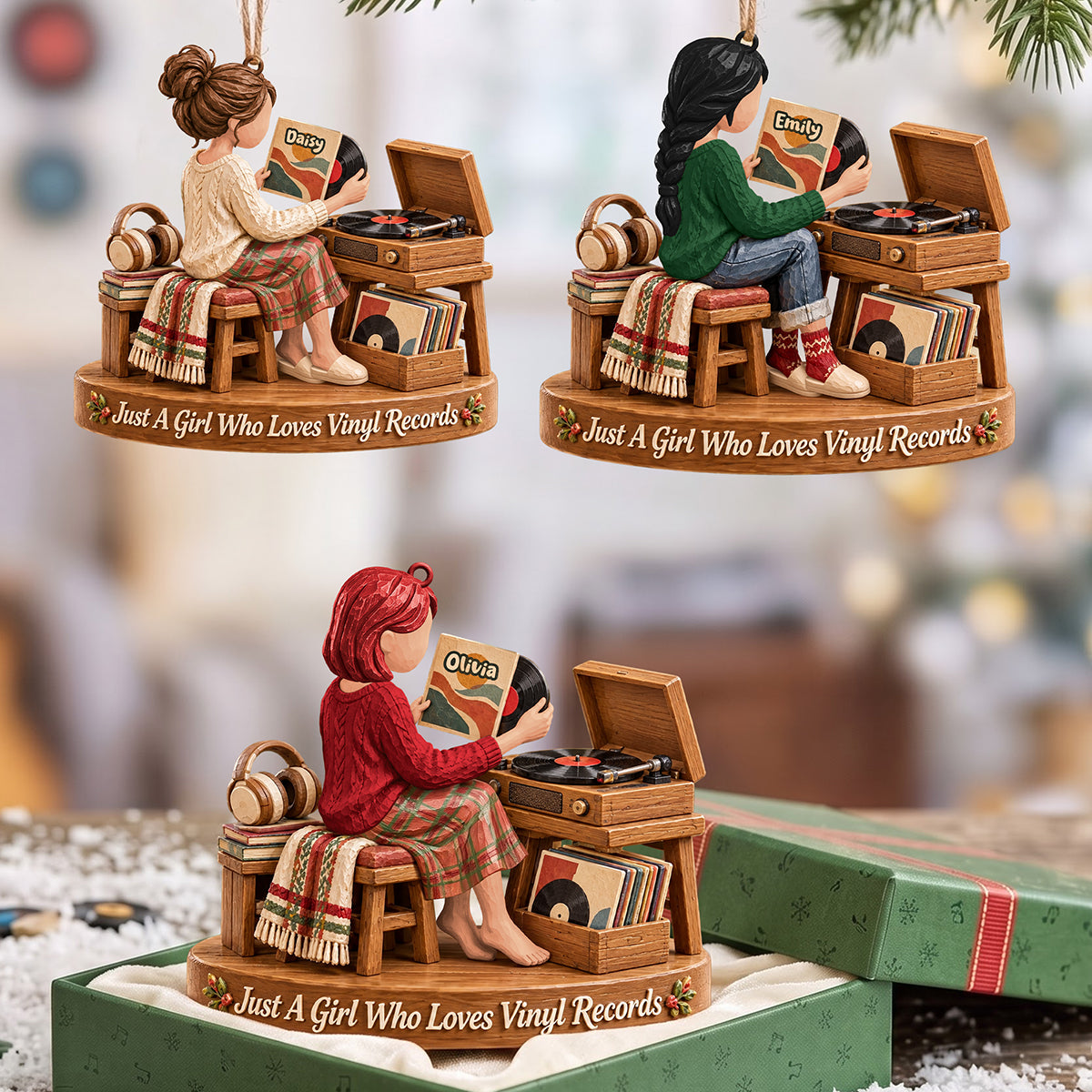 Vinyl Record Girl Wood Effect Ornament, Personalized Gifts For Vinyl Records Lovers 02qhta141026 Ornament PopCulturePrints
