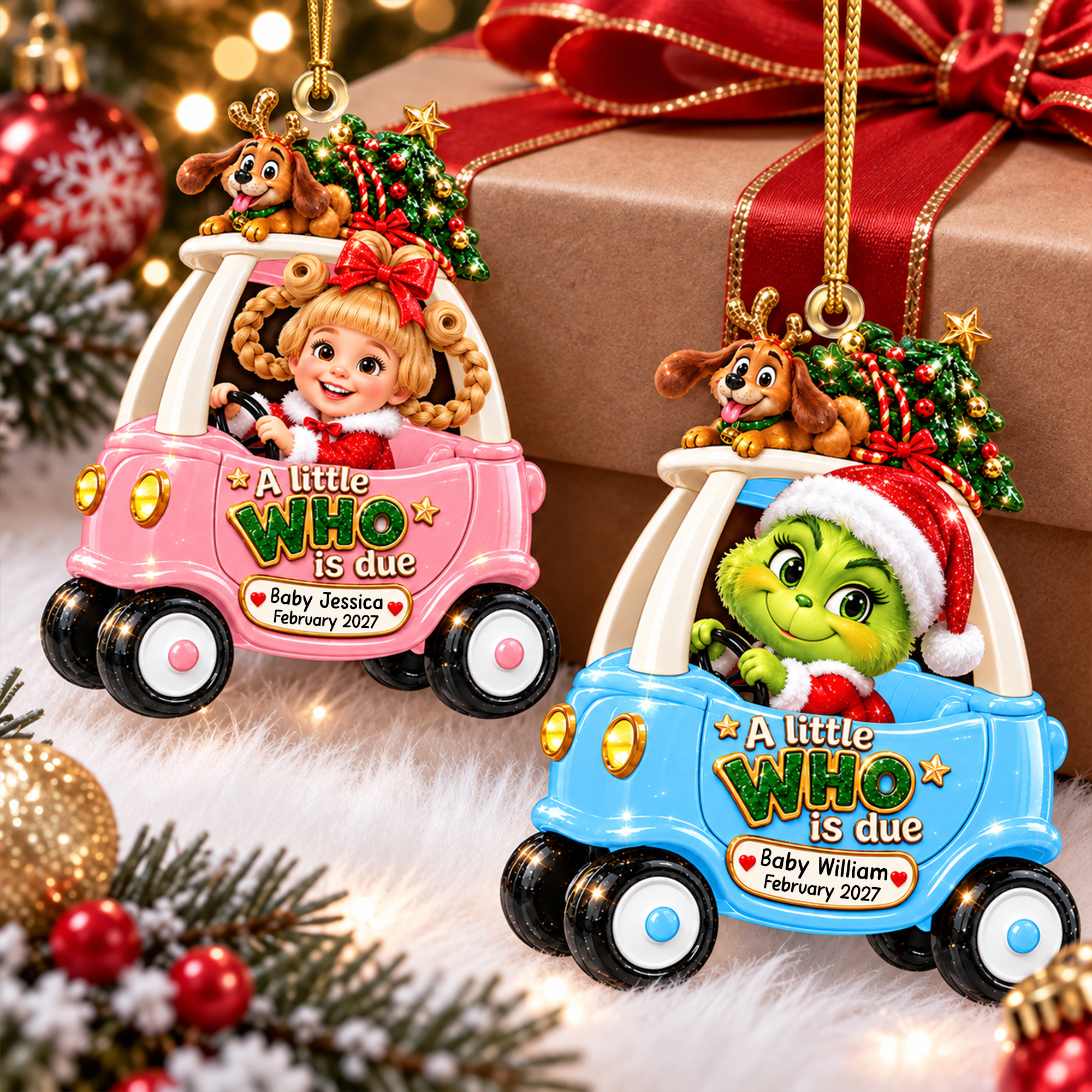 A Little WHO is Due - Personalized Baby On Car Ornament for Expecting Parents
