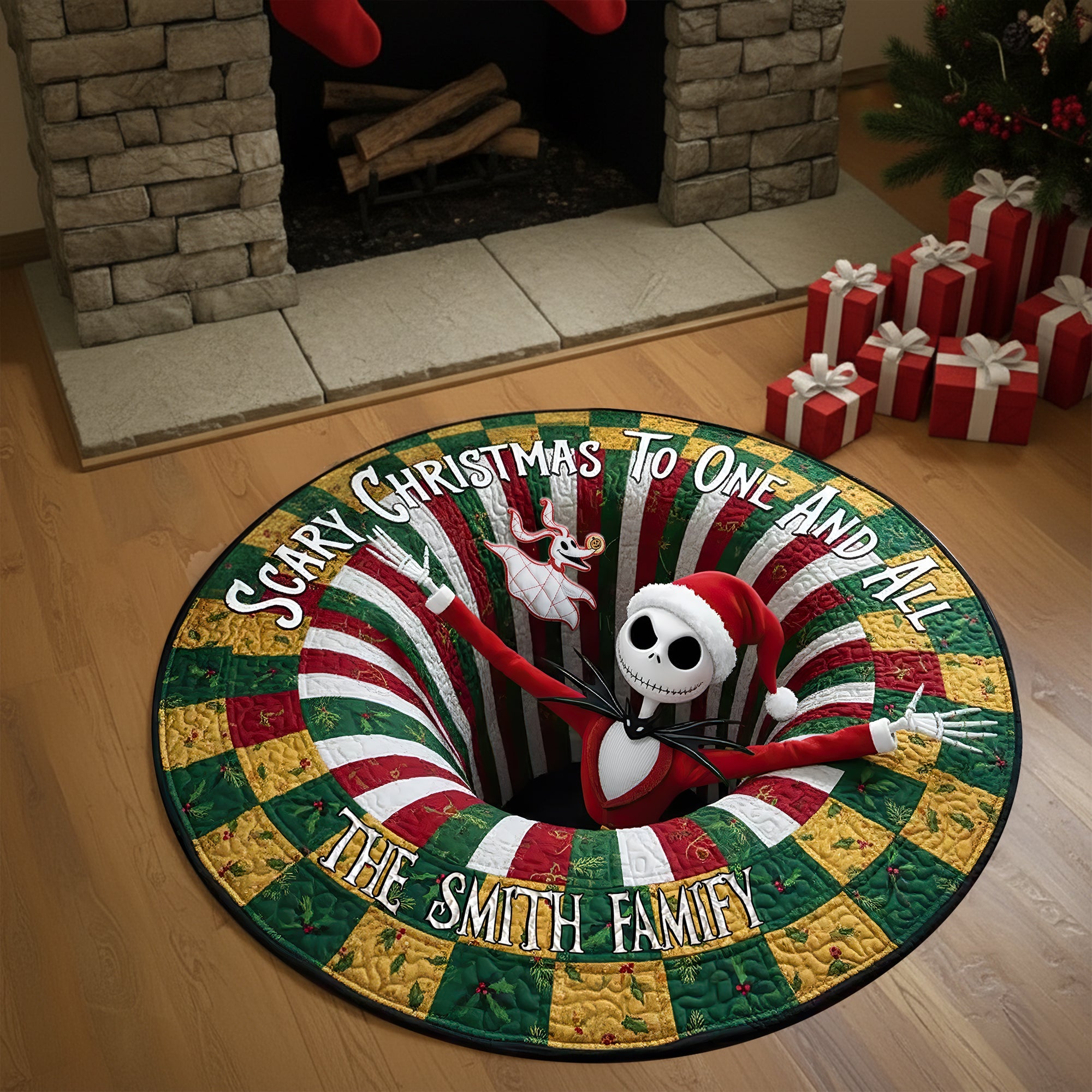 “Scary Christmas To One And All” - Personalized Haunted Holiday Family Round Mat - Custom Gifts for Family and Friends Doormat PopCulturePrints