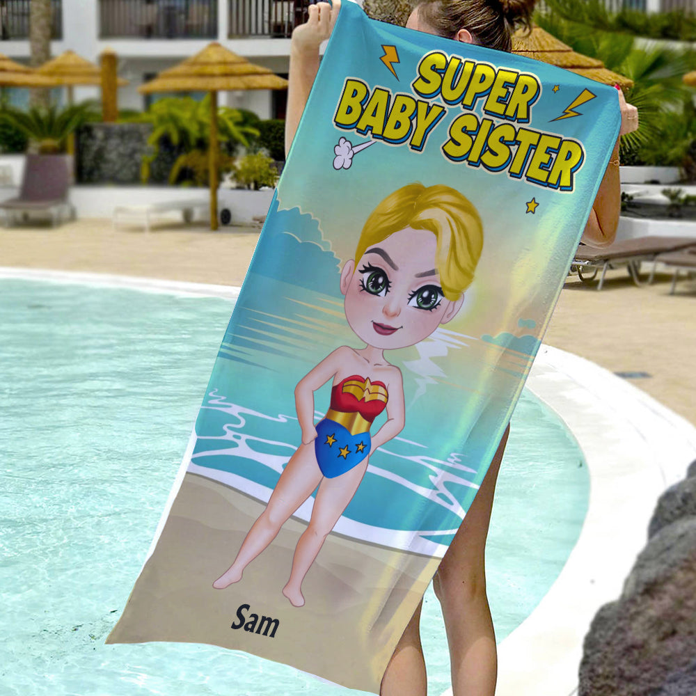 Super Baby Sister Personalized Beach Towel Beach Towel PopCulturePrints