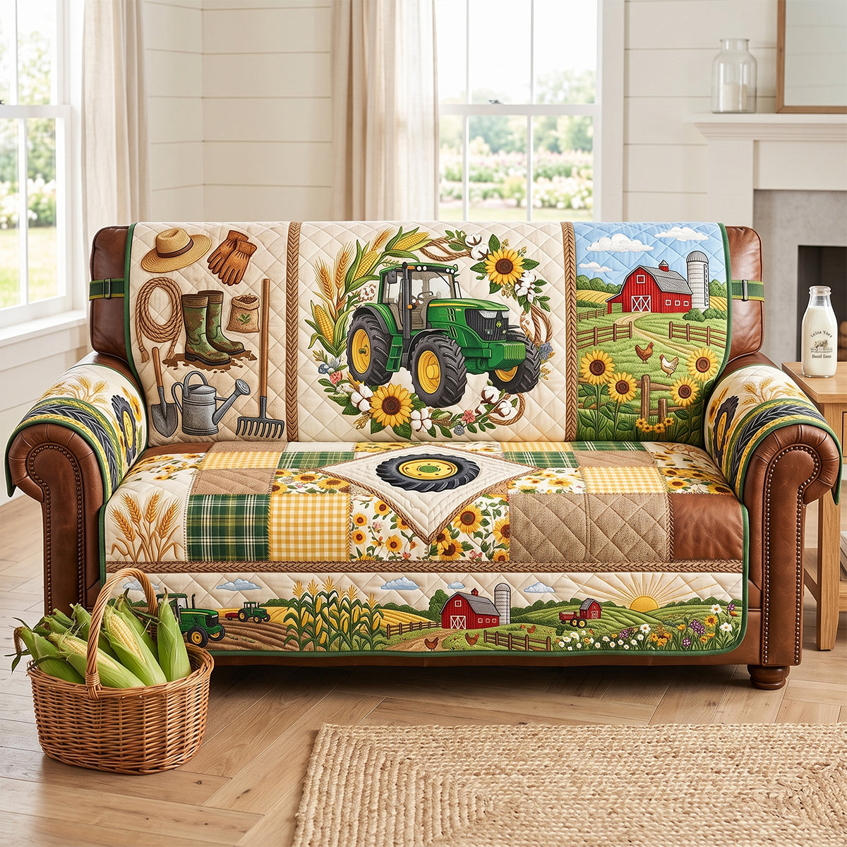 "Bring the Farm Home!" - Green Farm Tractor Quilted Sofa Cover - Personalized Gifts for Tractor Lovers Sofa Cover PopCulturePrints