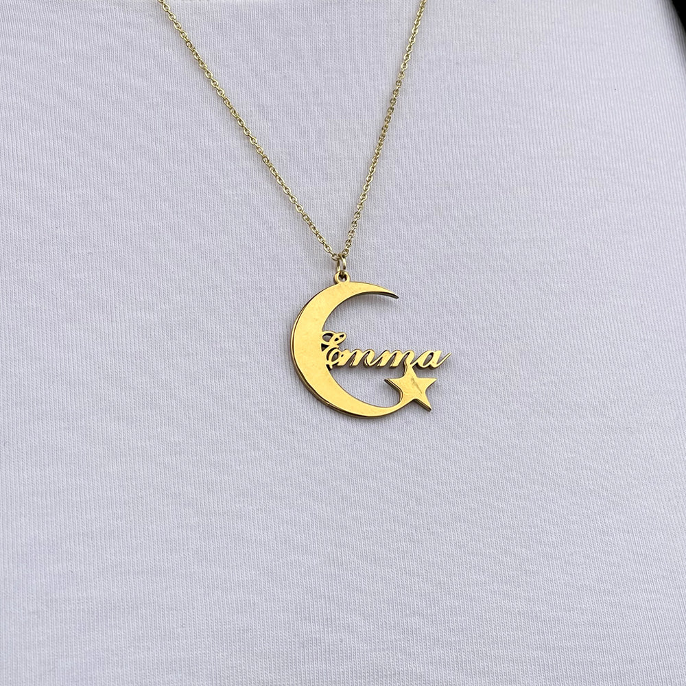 “Shine Bright Like a Star” - Personalized Name Necklace with Crescent Moon & Star Charm - Custom Gift for Mom, Grandma, and Loved Ones Necklace PopCulturePrints