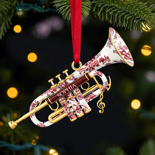 “Joyful Melodies!” Personalized Trumpet Toile de Jouy Christmas Ornament - Custom Gift for Musicians, Friends, and Family Ornament PopCulturePrints
