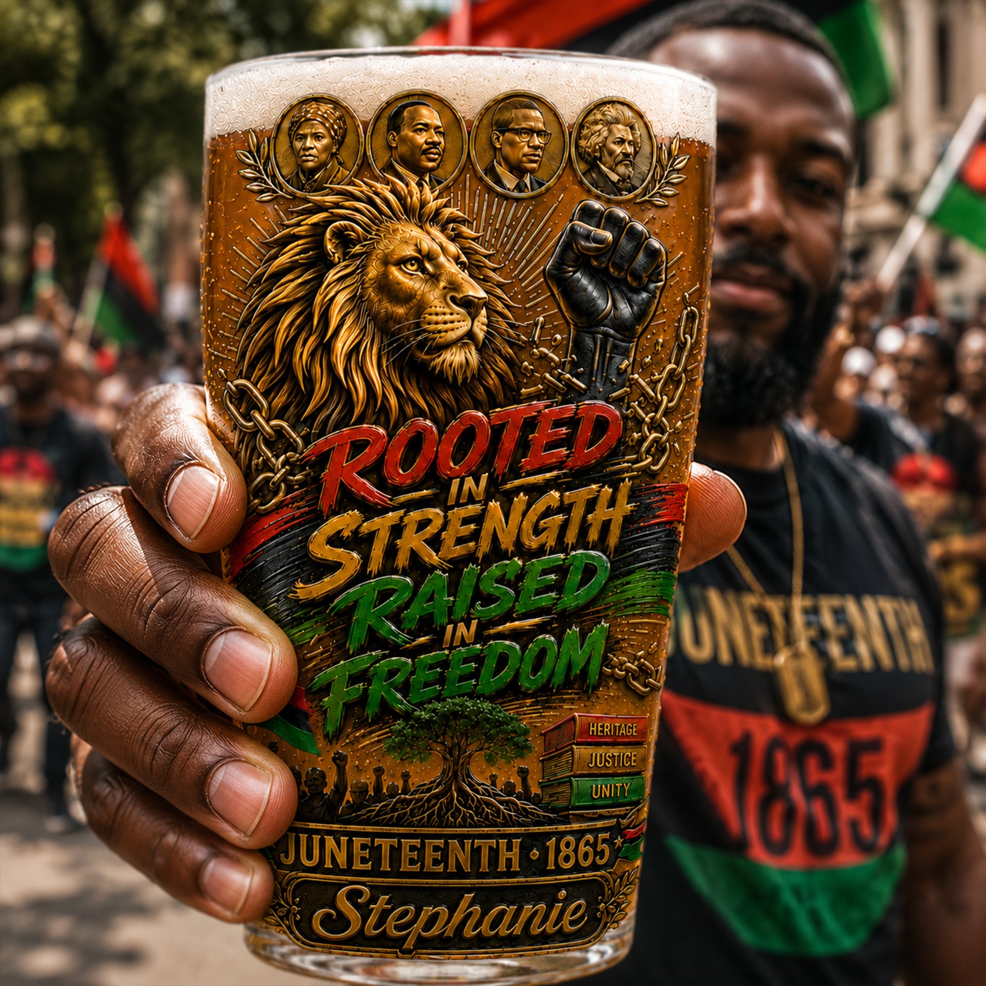 Rooted in Strength, Raised in Freedom - Personalized Black History Month Beer Glass