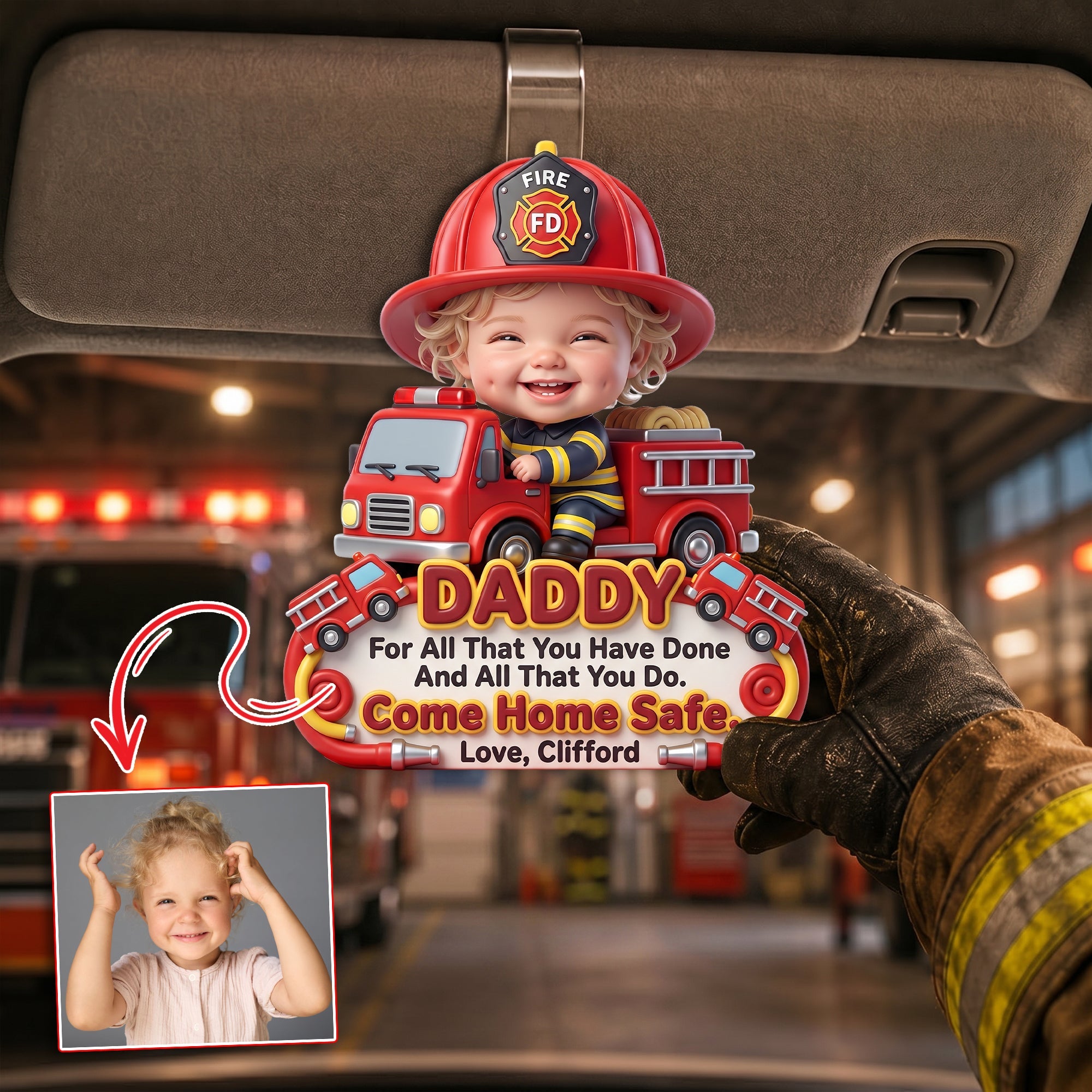 "For All That You Have Done, Come Home Safe" - Personalized Firefighter Hero Dad Acrylic Car Visor Clip - Gift for Dad, Grandpa, and Firefighters Car Visor Clip PopCulturePrints