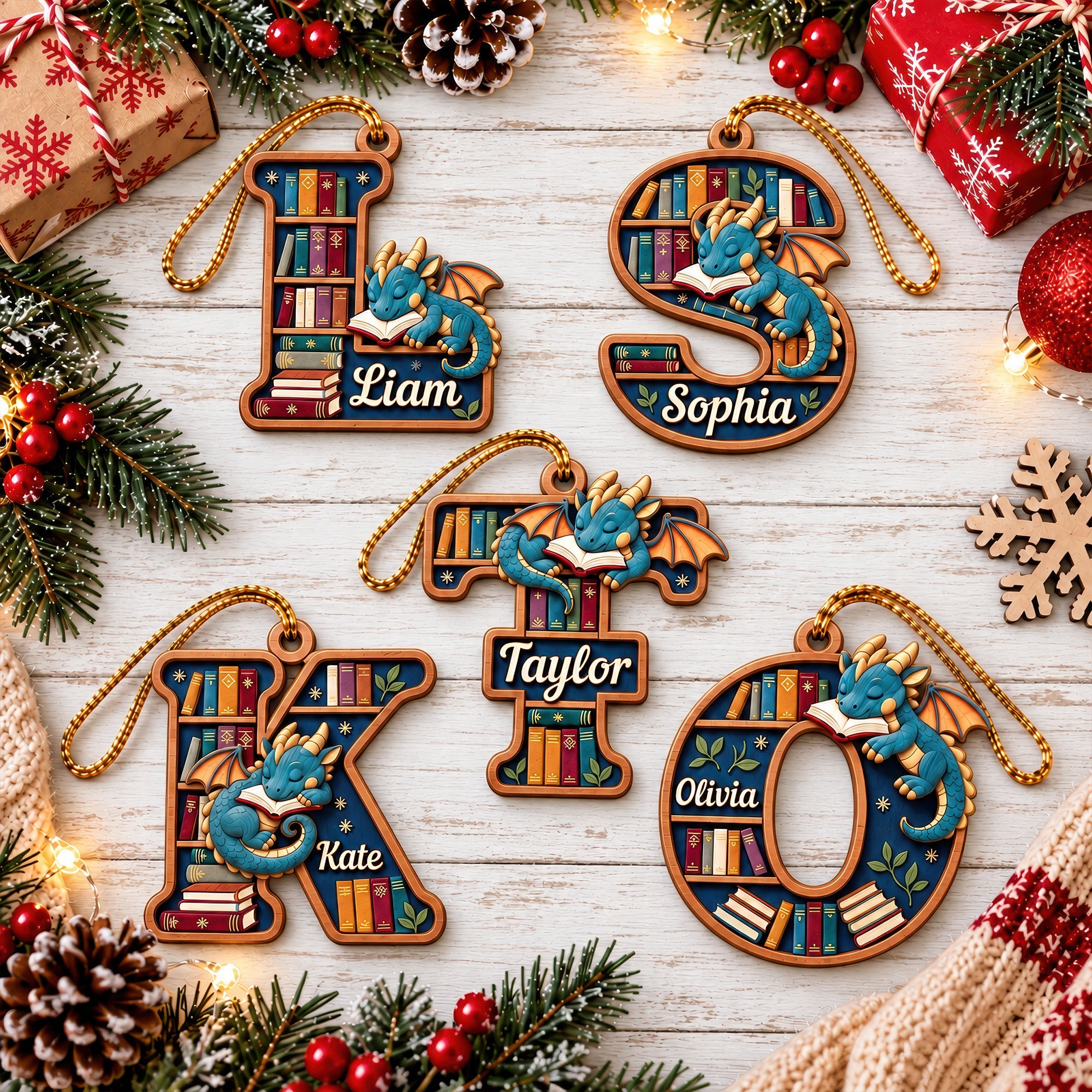 "Bring Your Imagination to Life" - Initial Letter Dragon Wood Ornament - Personalized Gift for Book Lovers