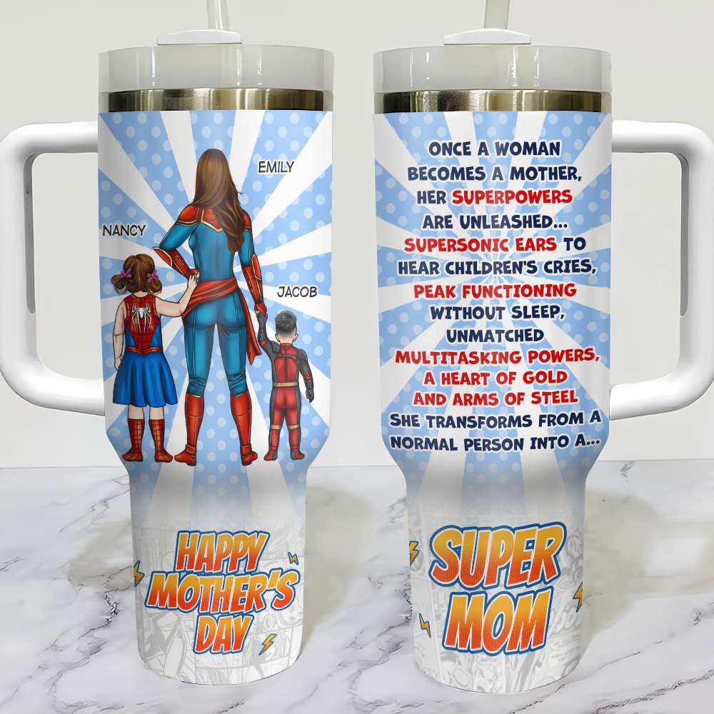 Personalized Super Mom Tumbler - Custom Names - Mother's Day Gift Tumbler Cup PopCulturePrints