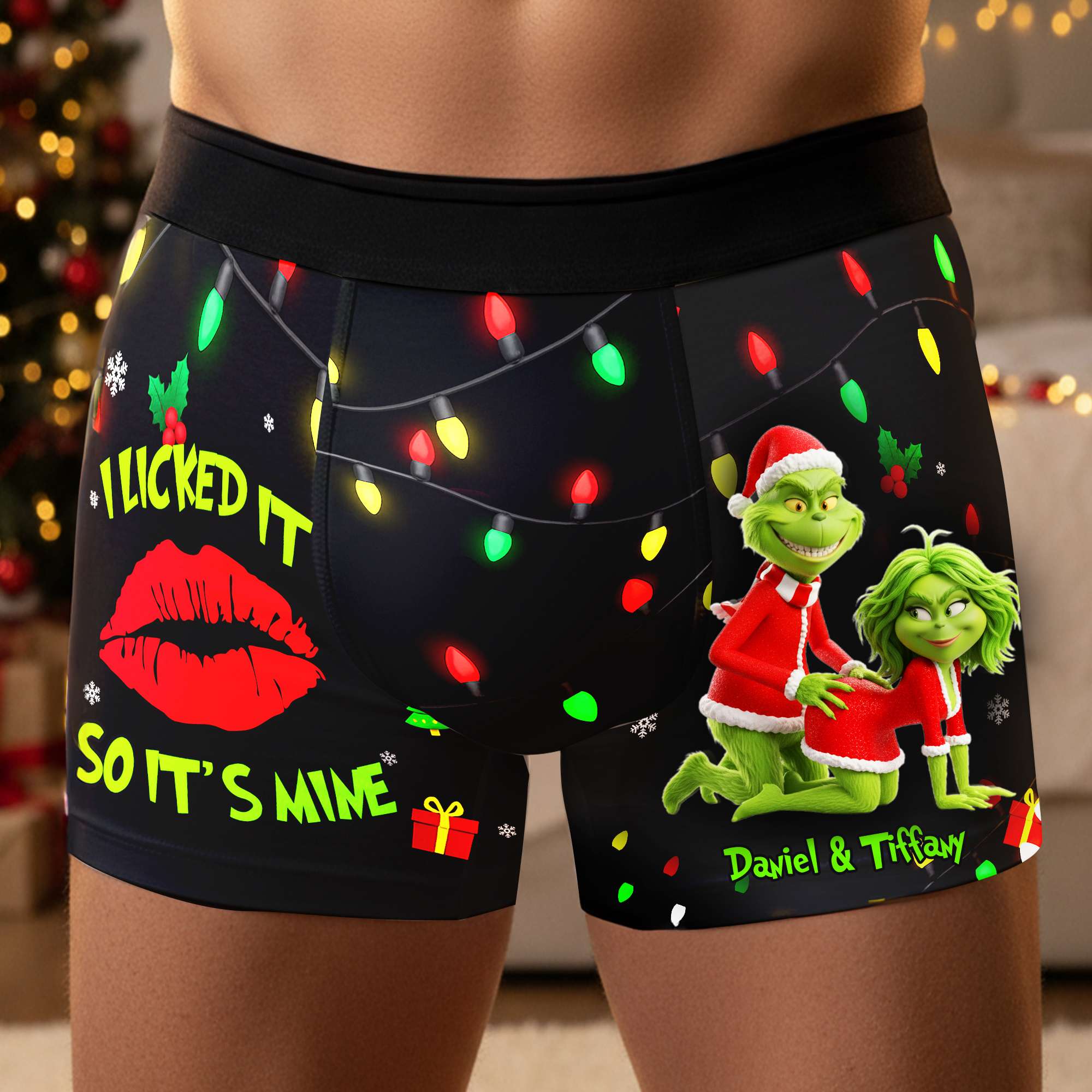 “I Licked It So It’s Mine!” - Personalized Mischief Green Couple Boxers - Perfect Christmas Gift for Him Boxer Briefs PopCulturePrints