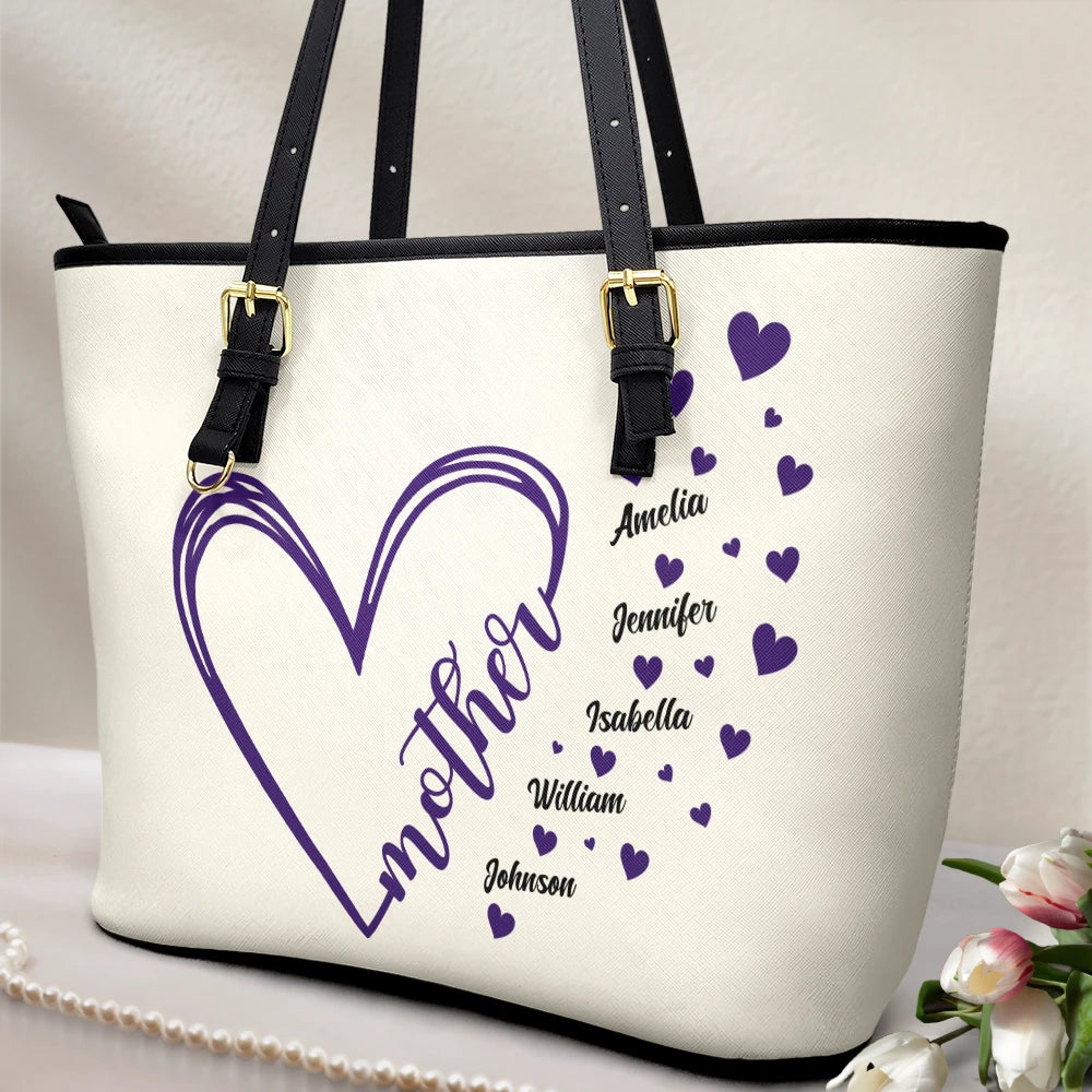 Grandma Little Hearts - Personalized Leather Tote Bag Leather Tote Bag PopCulturePrints