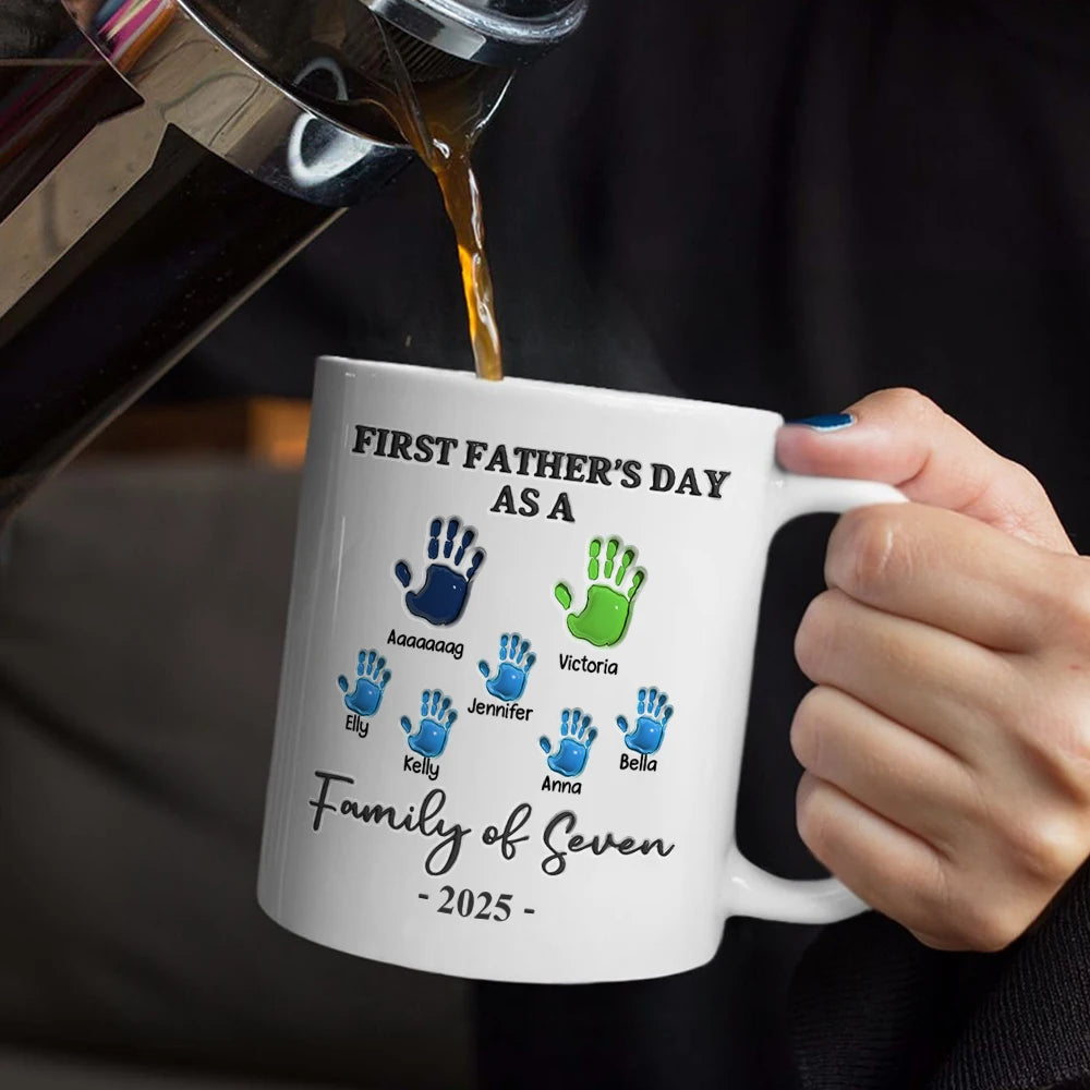 Celebrate Your Family: First Father's Day As A Family Of Four Handprints - 3D Inflated Effect Printed Mug Mug PopCulturePrints