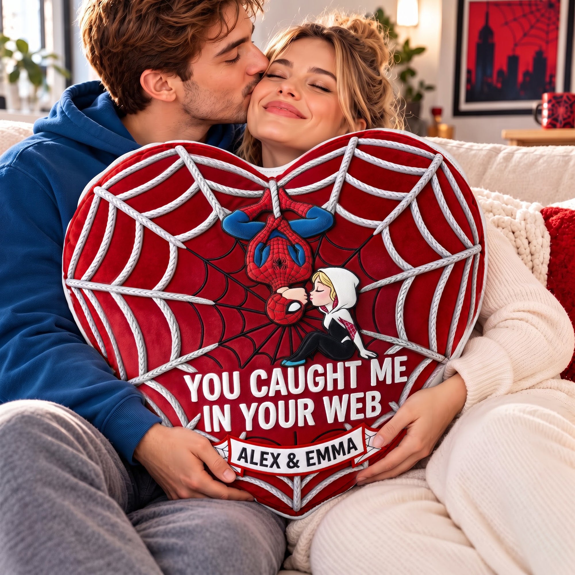 You Caught Me In Your Web - Romantic Kissing Duo Pillow | Personalized Love Gift for Couples Pillow PopCulturePrints