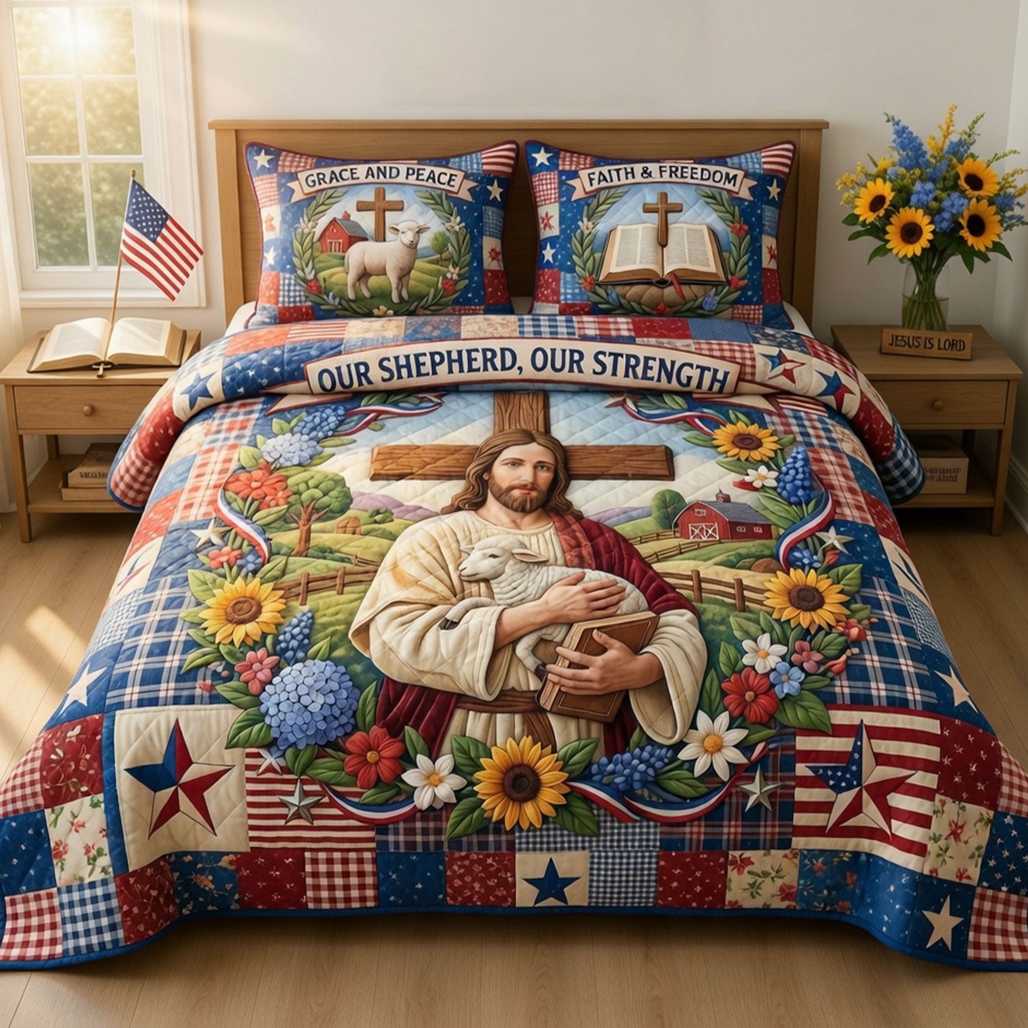 Our Shepherd, Our Strength - Personalized Jesus Quilt Bedding Set Blanket PopCulturePrints