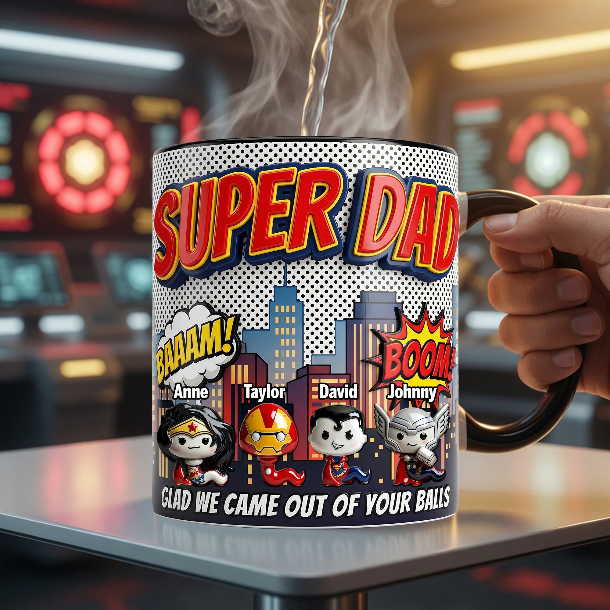“Super Dad – A Hero in Every Sip!” - Funny Hero Sperm Magic Coffee Mug - Personalized Gifts for Dad Coffee Mug PopCulturePrints