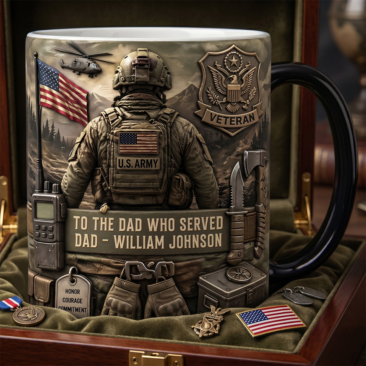 Honoring a Proud Veteran Dad - Personalized Magic Coffee Mug - Perfect Gift for Dad and Grandpa Coffee Mug PopCulturePrints
