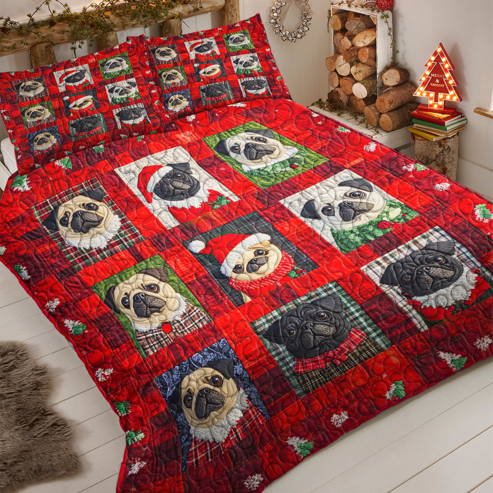 Cozy Christmas Pug Quilt Bed Set - Perfect Gift for Dog Lovers