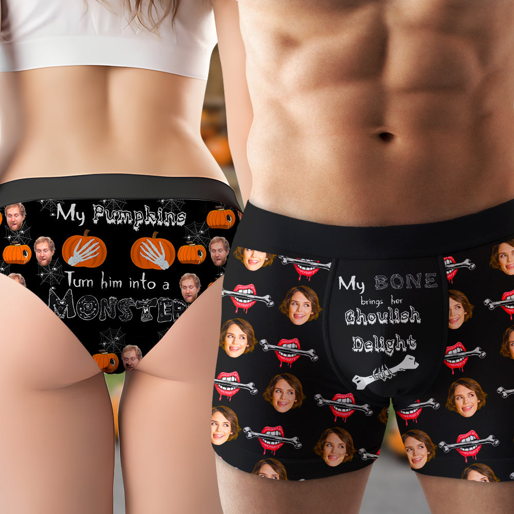 Custom Halloween Pumpkin & Bone Themed Couple's Boxers and Briefs