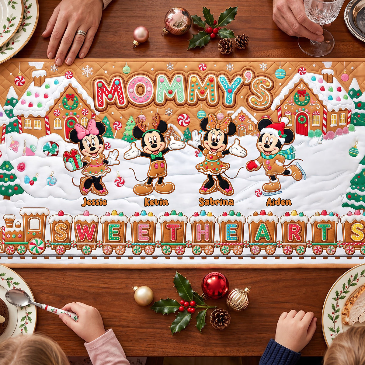 "Mommy's Sweethearts" - Personalized Gingerbread Family Quilted Table Runner - Perfect Gift for Moms and Grandmas Quilted Table Runner PopCulturePrints
