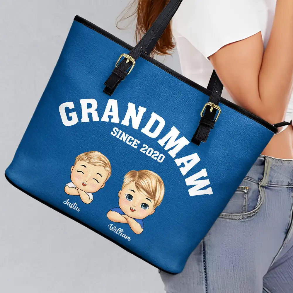 Grandma, the Heart of Our Family - Personalized Leather Tote Bag | Custom Gift for Mom & Grandma Leather Tote Bag PopCulturePrints