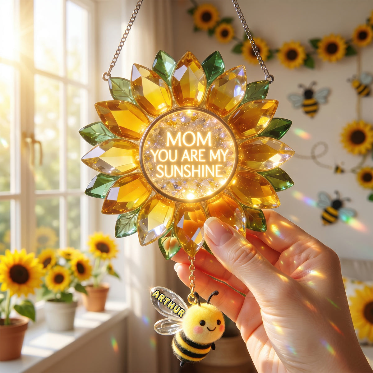 Mom, You Are Our Sunshine - Custom Sunflower Bee Suncatcher - Perfect Gift for Mom and Grandma Ornament PopCulturePrints