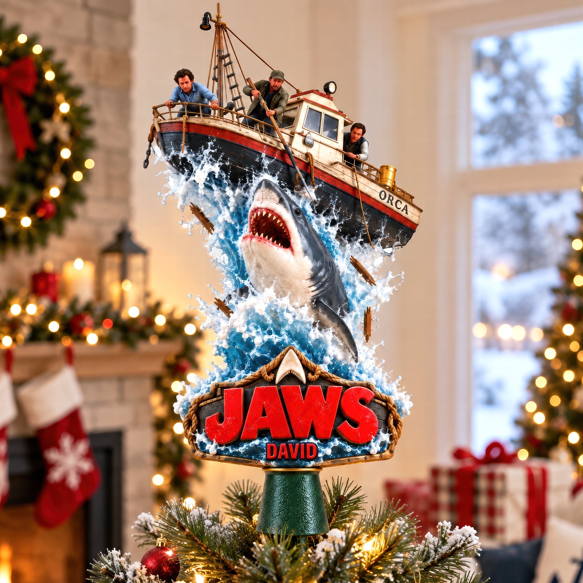 Bring the Thrill of Jaws to Your Holidays - Shark Attack Christmas Tree Topper - Personalized Gift for Movie Lovers