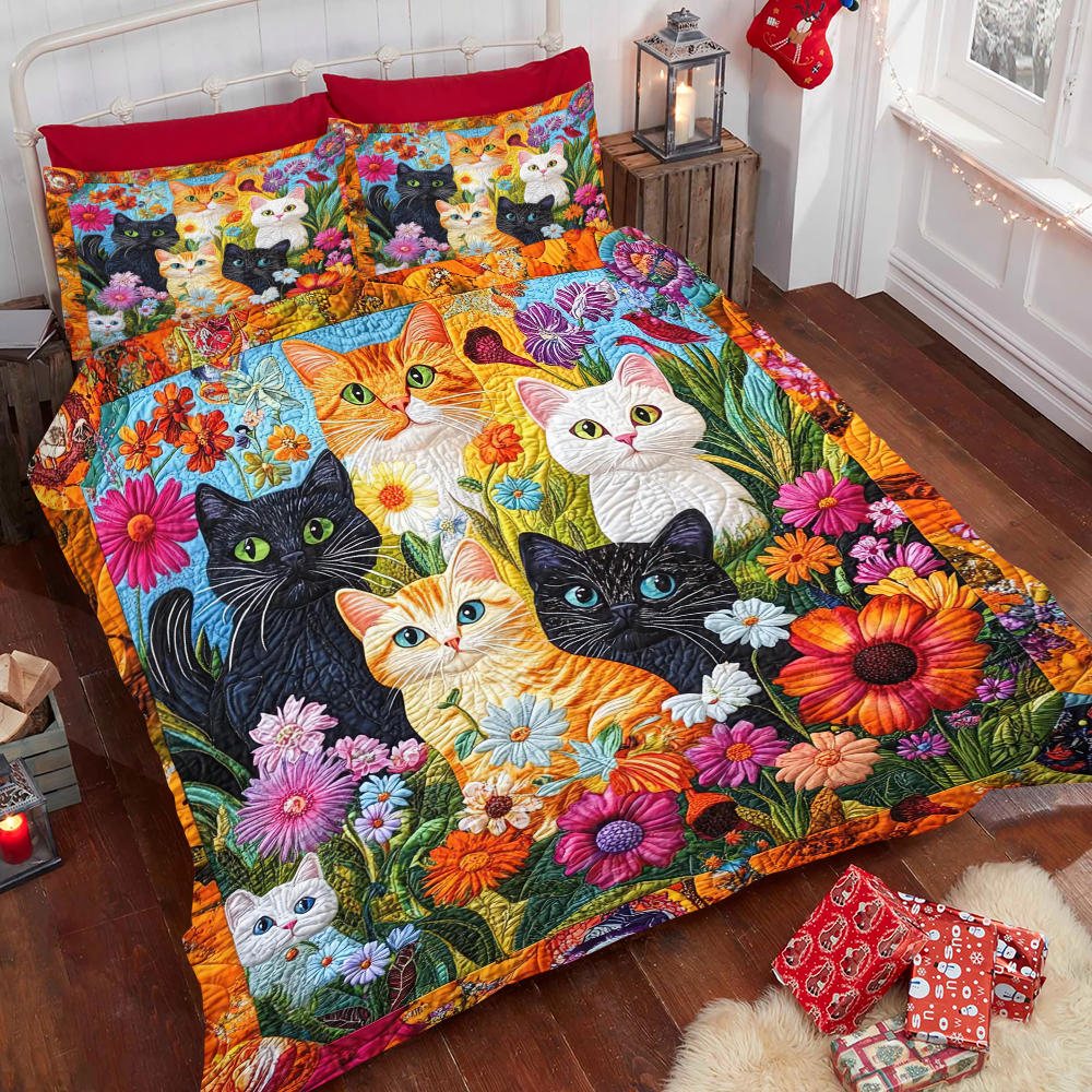Floral Feline Christmas Quilt Bed Set - Perfect Gift for Cat Lovers Blanket PopCulturePrints