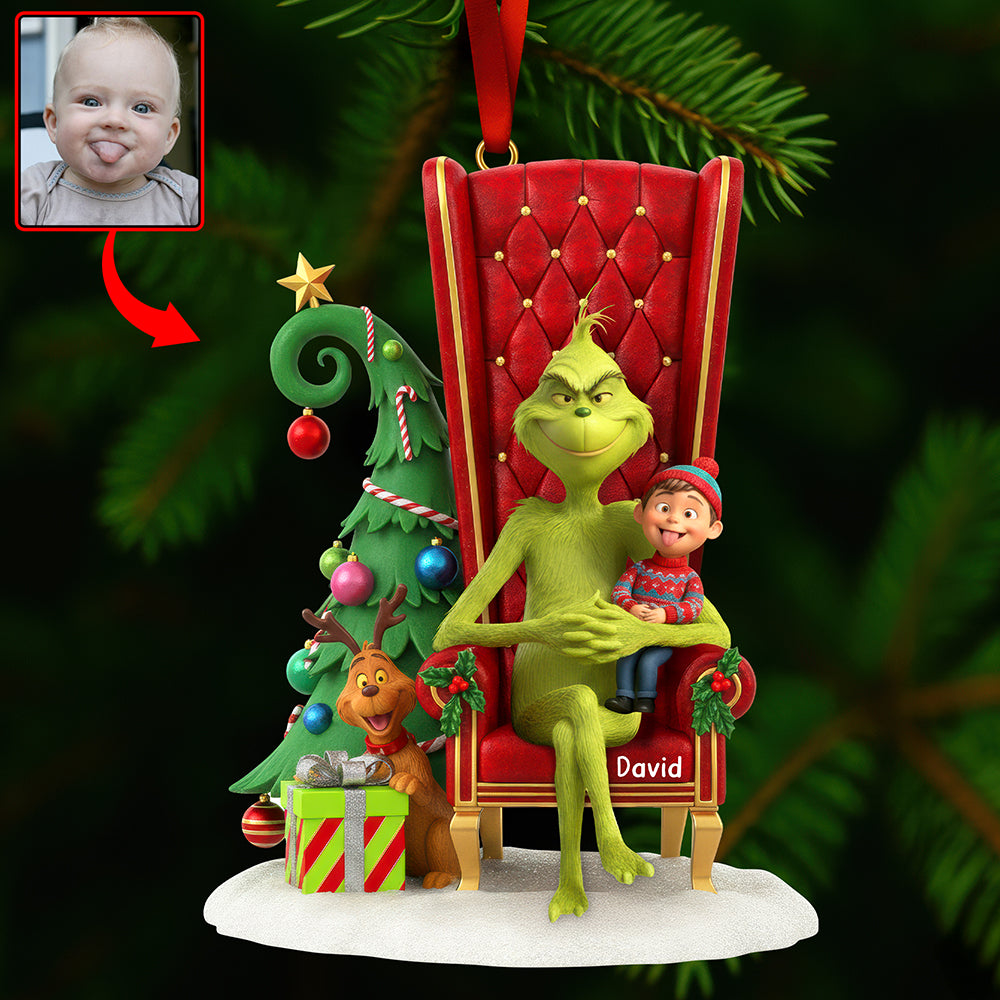 “Celebrate the Grinch Spirit!” - Funny Green Monster Christmas Ornament - Custom Photo Gifts for Kids Ornament PopCulturePrints