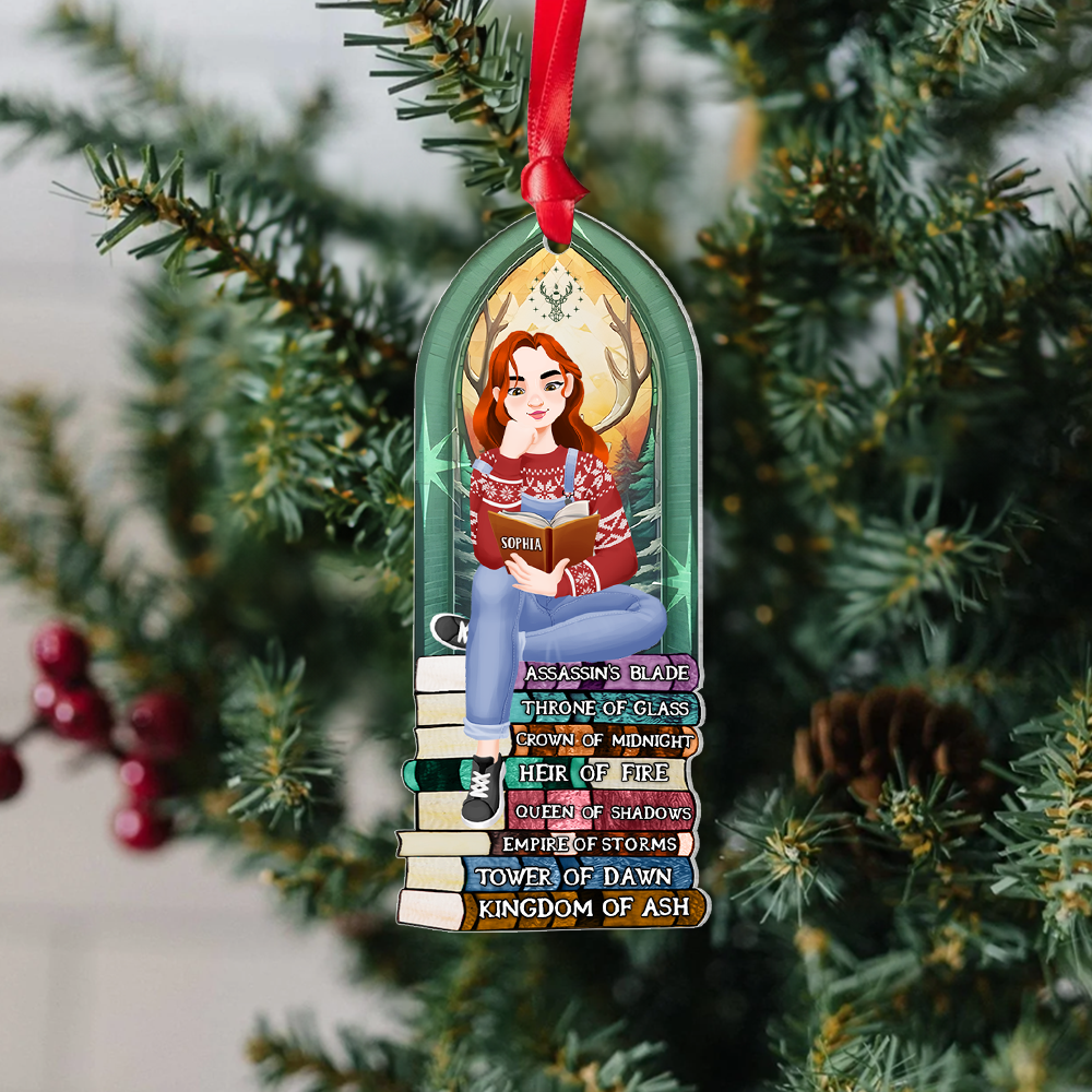 Personalized Ornament for Book Lovers - Girl Reading on Book Stack Ornament PopCulturePrints