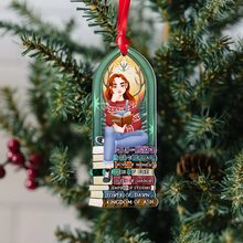 Load image into Gallery viewer, Personalized Ornament for Book Lovers - Girl Reading on Book Stack Ornament PopCulturePrints
