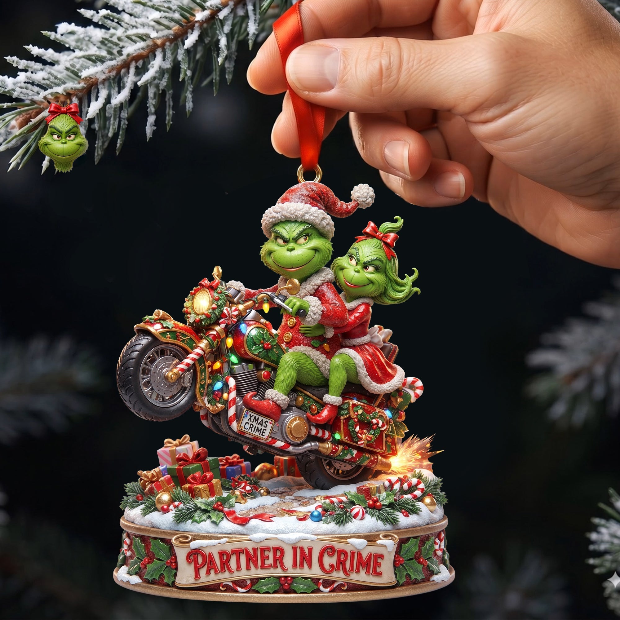 “Partners in Crime: Celebrate Love on Two Wheels” - Monster Riding Couple Ornament, Personalized Gift for Couples