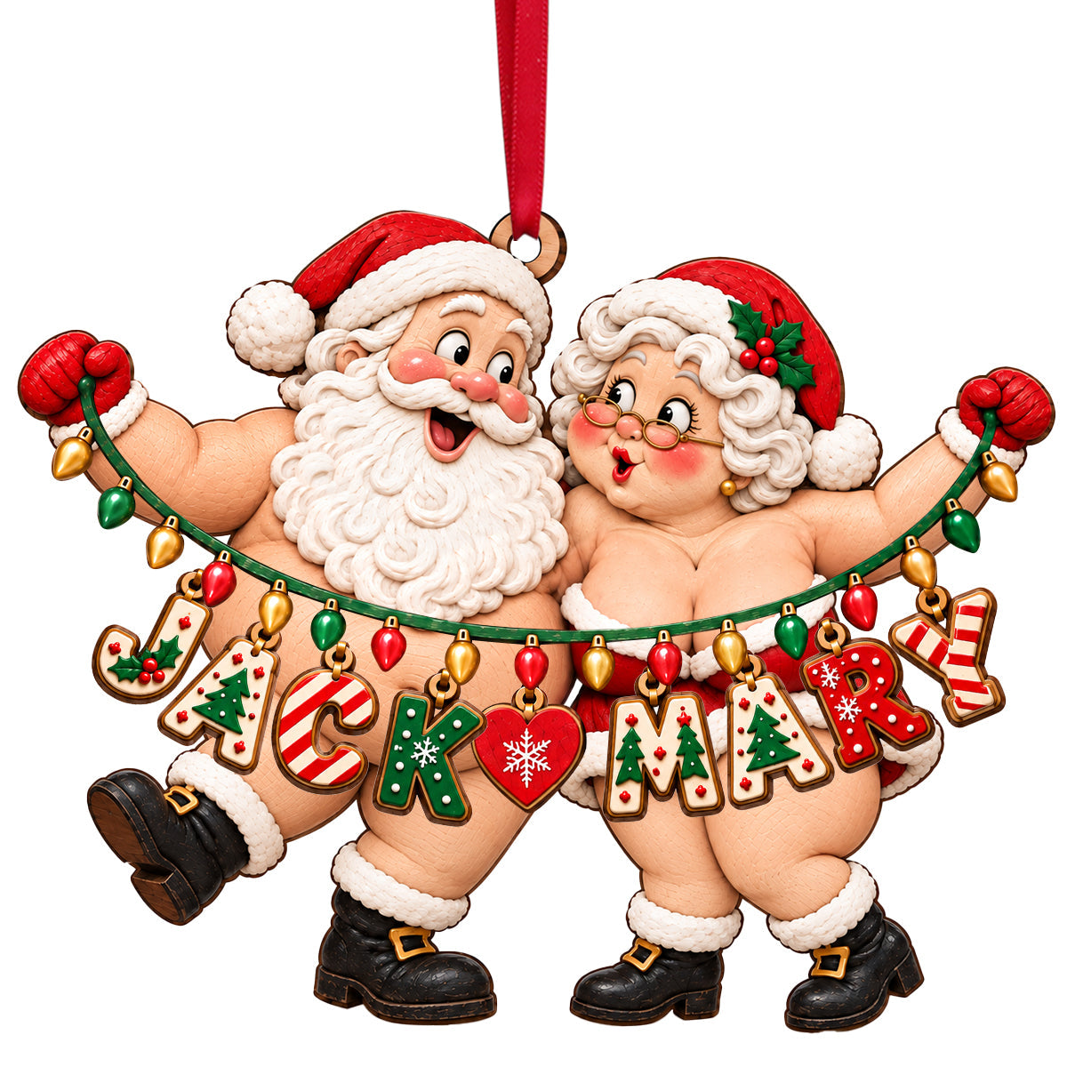 “Celebrate Love with a Touch of Festivity” - Personalized Name Art Fun Santa Couple Ornament - Custom Christmas Gift for Couples