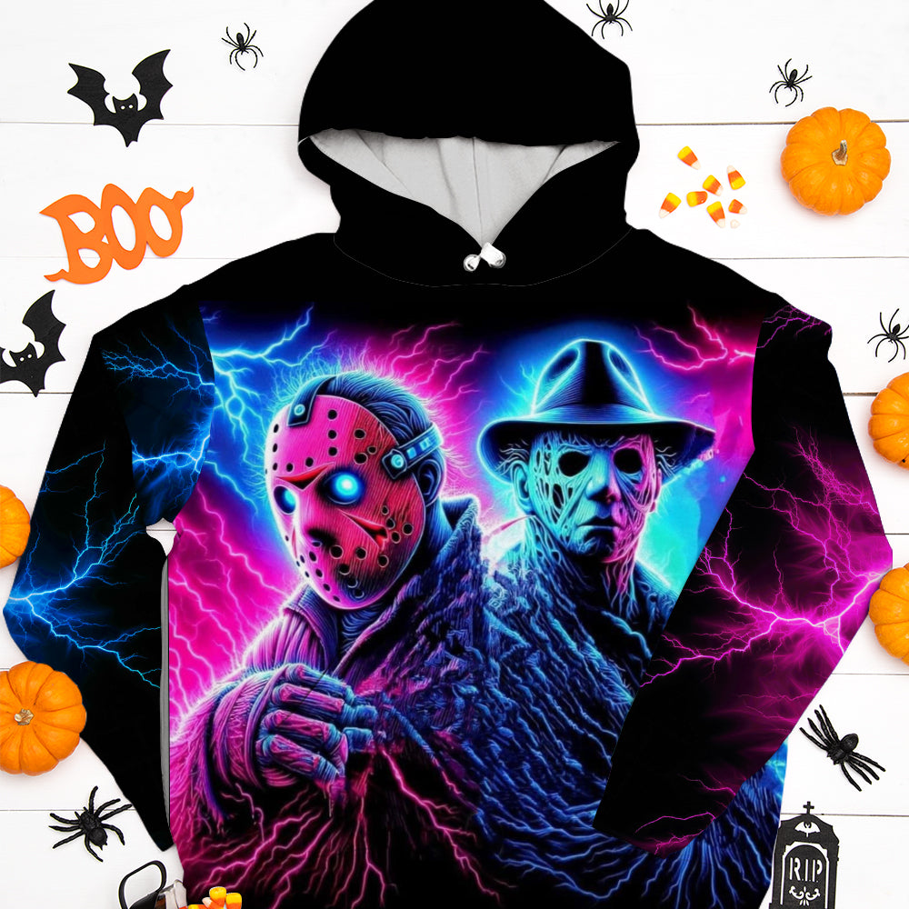 Neon Horror Legends Hoodie - Halloween Graphic Sweatshirt for Horror Movie Fans