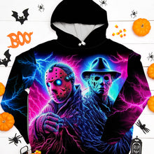 Load image into Gallery viewer, Neon Horror Legends Hoodie - Halloween Graphic Sweatshirt for Horror Movie Fans
