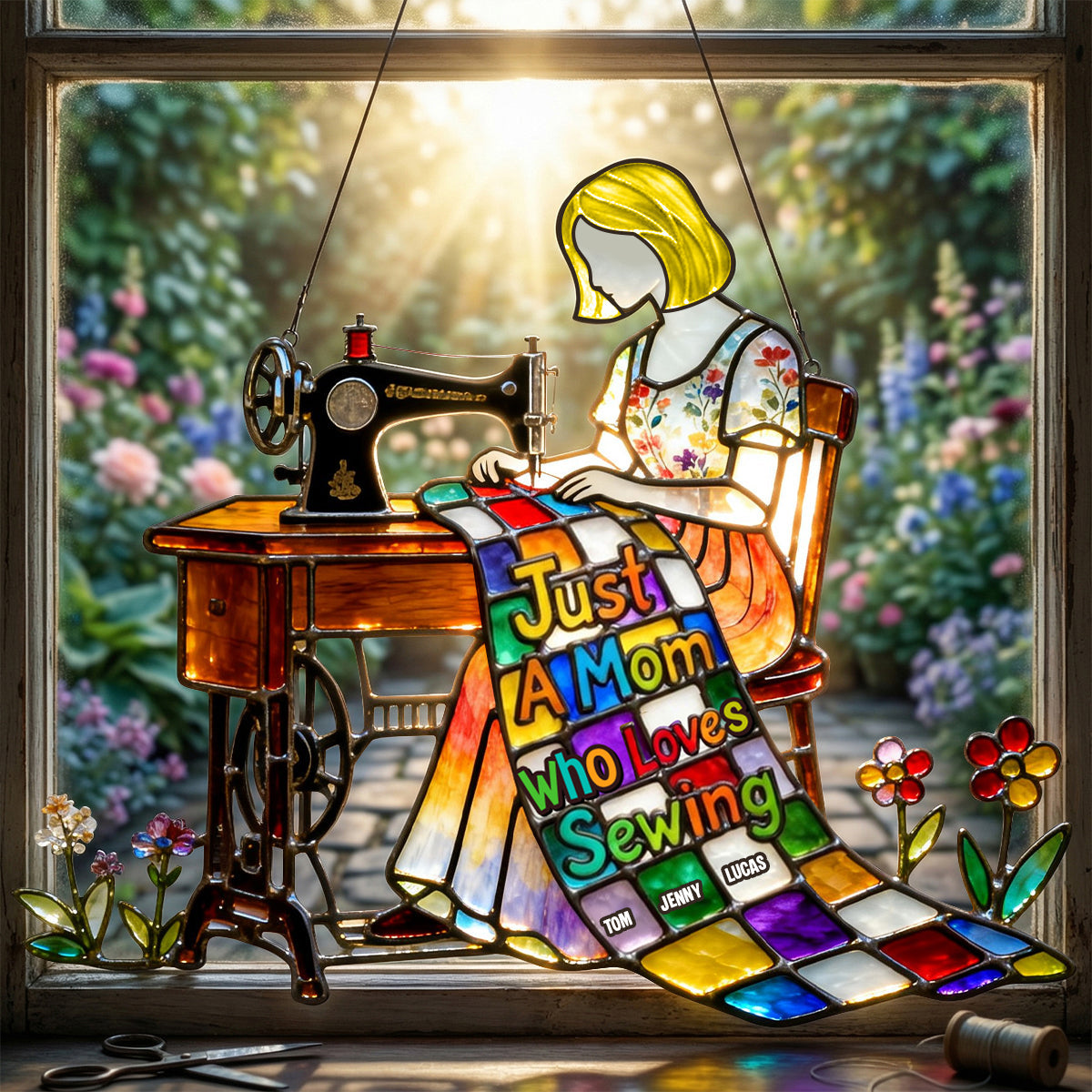 Just A Mom Who Loves Sewing - Personalized Suncatcher Gift for Mom & Grandma Ornament PopCulturePrints