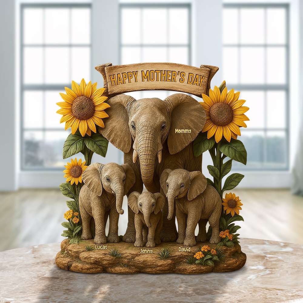 Happy Mother's Day - Personalized Elephant Family Plaque - Unique Gift for Mom & Grandma Shaped Plaques PopCulturePrints