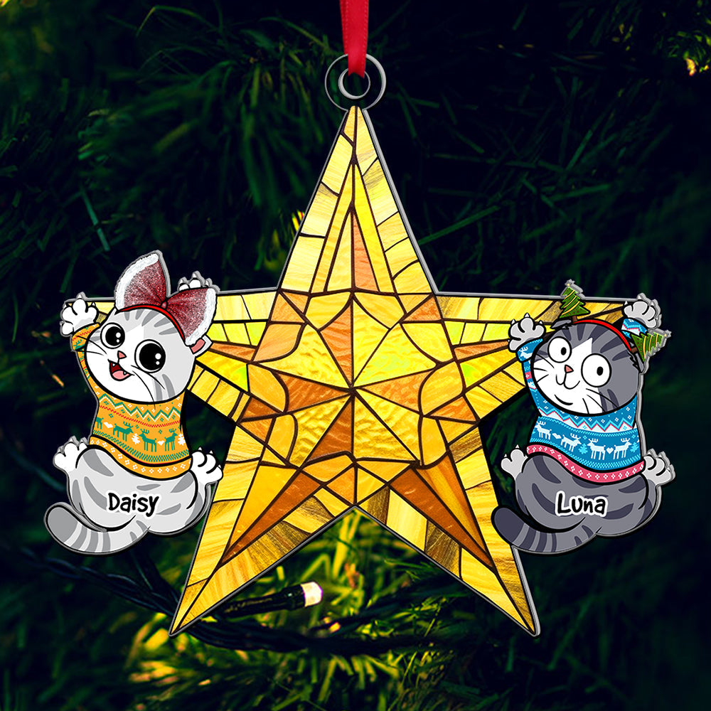 Custom Cat Lover Christmas Ornament - Playful Cats on Star Ornament PopCulturePrints