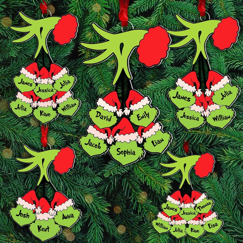 Personalized Christmas Ornament with Family Names - Grinch Hand Design