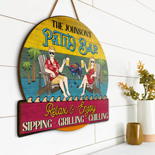 Load image into Gallery viewer, Relax &amp; Enjoy - Custom Shaped Wood Sign for Couples Pool &amp; Patio Lovers Wood Shaped Sign PopCulturePrints
