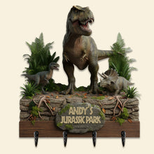Load image into Gallery viewer, Welcome to Andy's Jurassic Park - Personalized Jungle Wood Key Hanger Wood Sign PopCulturePrints
