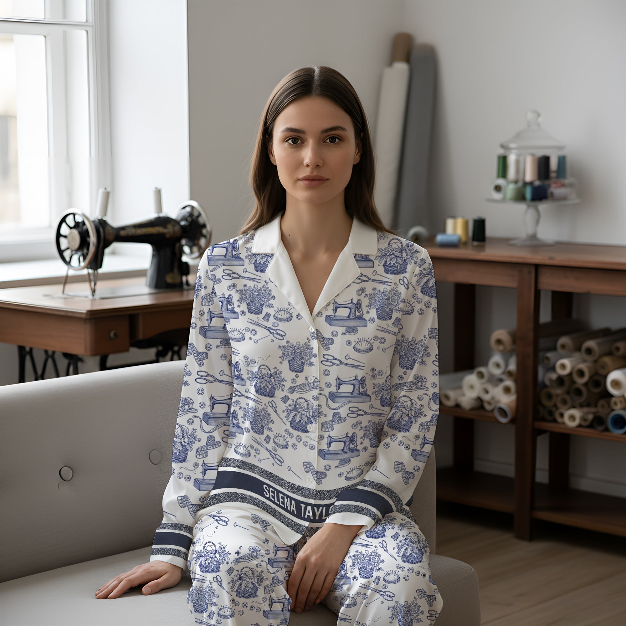 Sewing Dreams: Personalized Sewing Toile de Jouy Button Up Pajama Set - Gift for Sewing Lovers Pajama Set PopCulturePrints