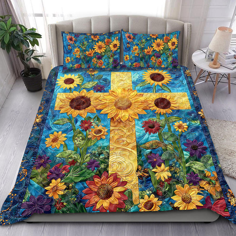 Sunflower Cross Quilt Bedding Set - Perfect Christmas Gift Blanket PopCulturePrints