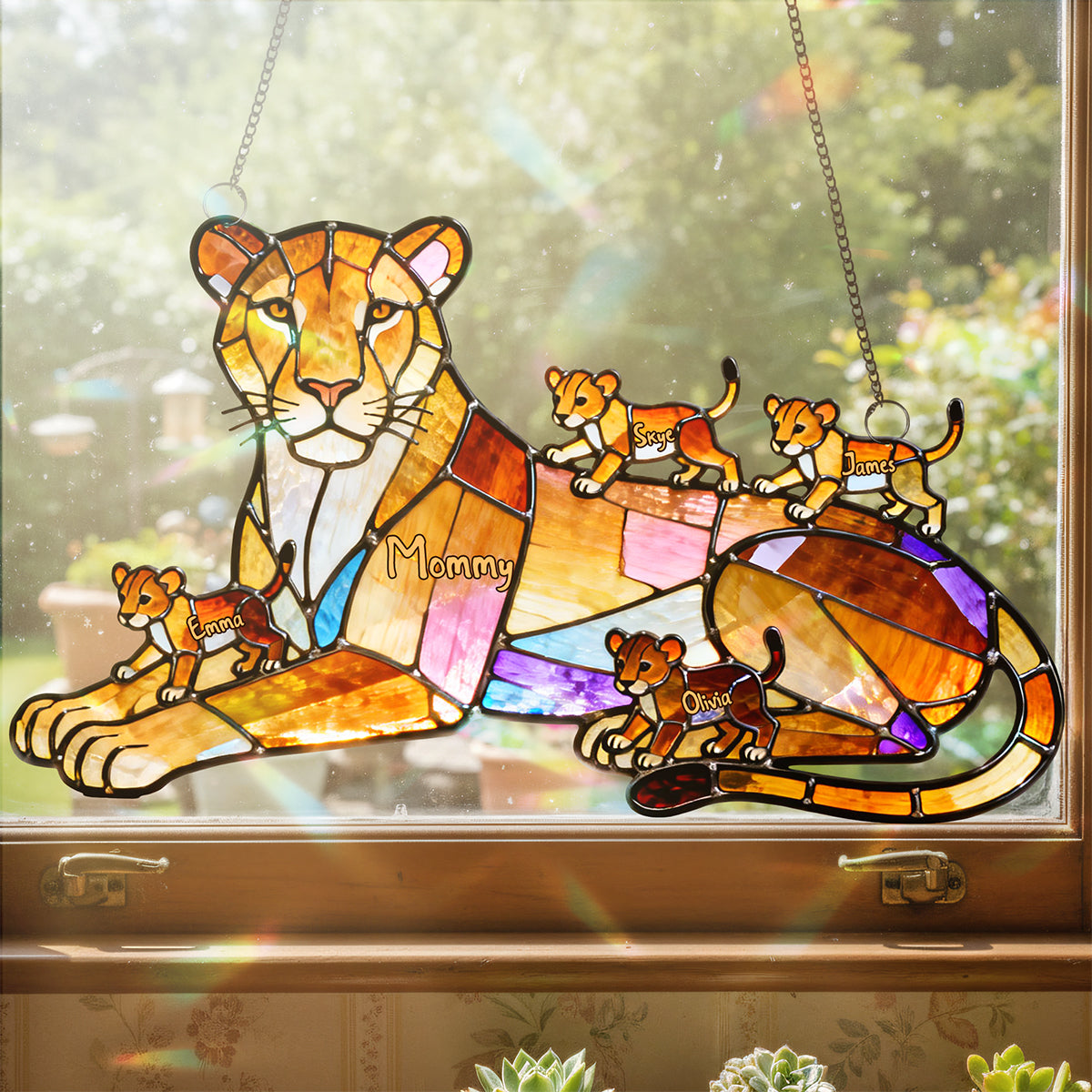 "A Mother's Love Roars!" - Lion Mom And Kids Suncatcher - Personalized Gift for Mom and Grandma Ornament PopCulturePrints